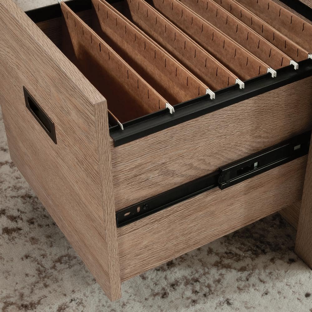 Pebble White and Brushed Oak L-Shaped Desk with Filing Cabinet