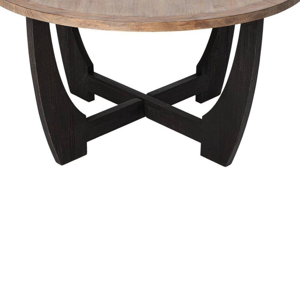 Rustic Brown and Black Round Wood Coffee Table with Crisscross Base
