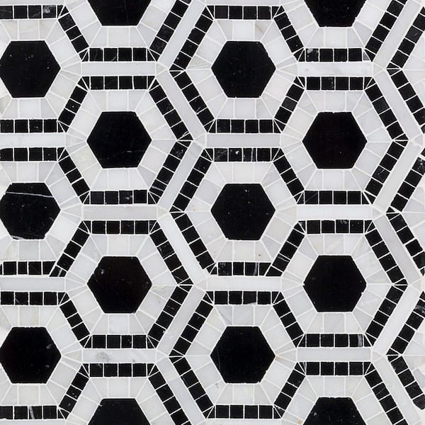 Kosmos Black and Asian Statuary Hexagon 11-3/4 in. x 11-3/4 in. x 10 mm Polished Marble Mosaic Tile