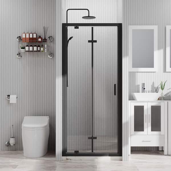 30 in. W x 72 in. H Bifold Pivot Framed Shower Door in Matte Black with 1/4 in. Clear Tempered Glass, Reversible