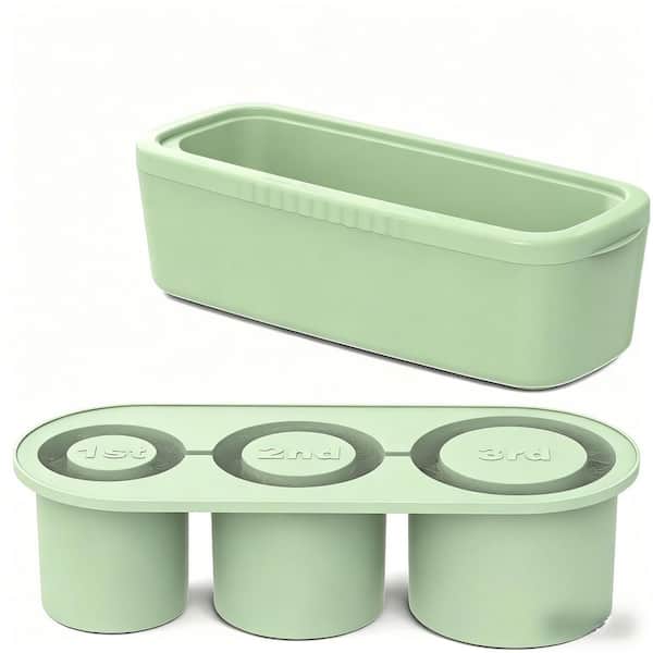30-40 oz. Tumbler Compatible Ice Cube Tray, 3-Cavity Silicone Cylinder Ice Mold with Lid and Storage Bin, Green