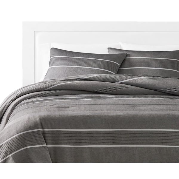 Benjara Arlo 3- Piece Gray Striped Polyester Queen Comforter Set