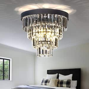 3-Light Tiered Black Mini Flush Mount Ceiling light for Hallway and Bedroom With Clear Crystals