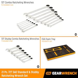 21-Piece 72T SAE Standard and Stubby Ratcheting Wrench Set with EVA Foam Tray