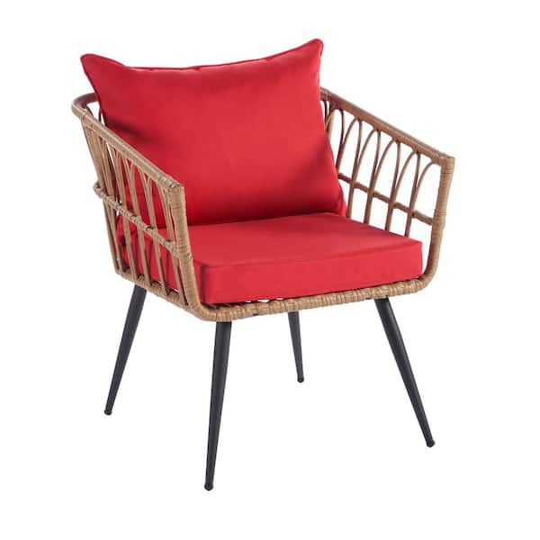 Siavonce 3-Piece Wicker Outdoor Bistro Set with Red Cushions