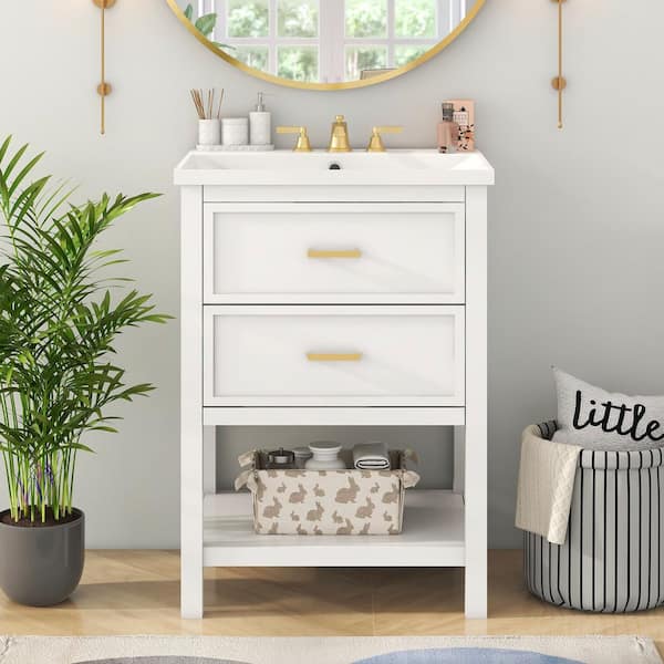 Staykiwi 24 in. W x 18 in. D x 34.1 in. H Single Sink Freestanding Bath Vanity in White with White Cultured Marble Top