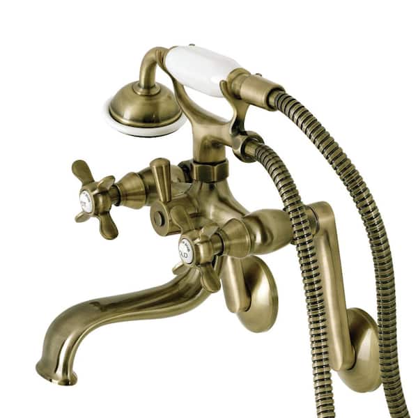 Kingston Brass Kingston 3-Handle Wall-Mount Clawfoot Tub Faucet with Hand Shower in Antique Brass