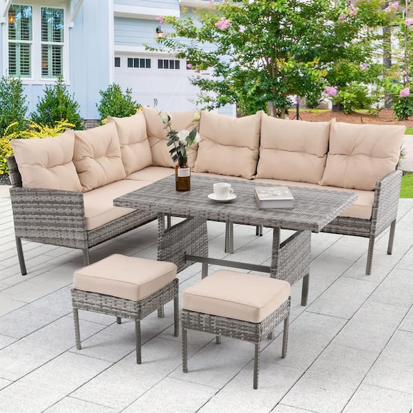 Unbranded Gray 6-Piece Wicker Patio Conversation Set with Beige Cushions PE Rattan Patio Sectional Sofa Set