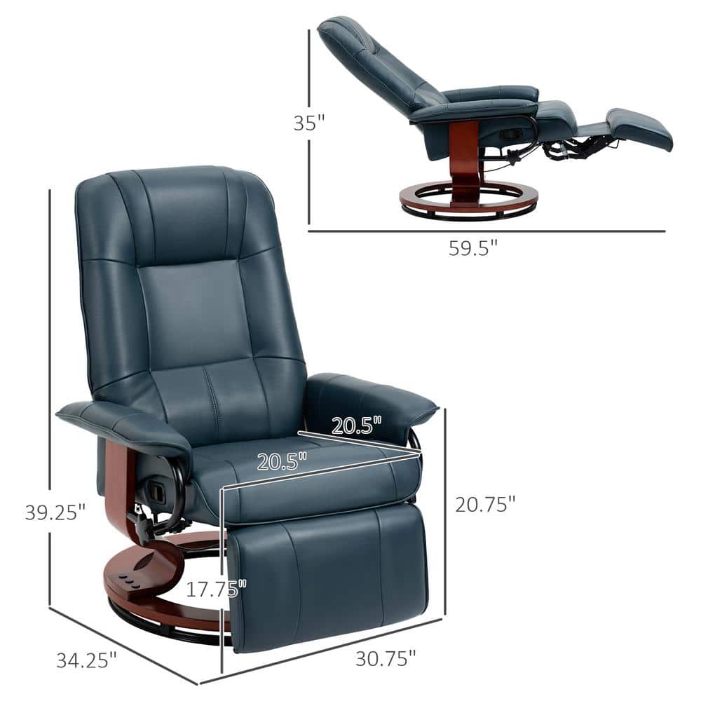 Blue Faux Leather Swivel Recliner with Wood Base
