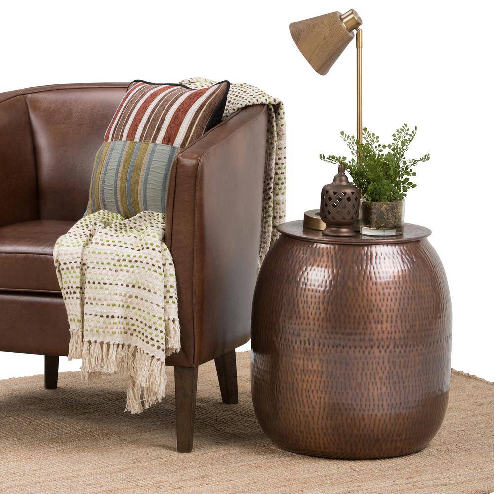 Antique Copper Round Iron Drum Storage Accent Table