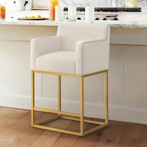 Hampton 26 in. Linen Modern Linen Upholstered Bar Stool Square Gold Metal Frame Counter Height Bar Stool