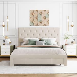 Queen Size 60 in. Beige Velvet Upholstered Platform Bed with A Large Drawer, Queen Wood Adult Bed Frame with Solid Slats