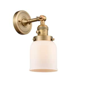 Bell 5 in. 1-Light Brushed Brass Wall Sconce with Matte White Glass Shade with On/Off Turn Switch
