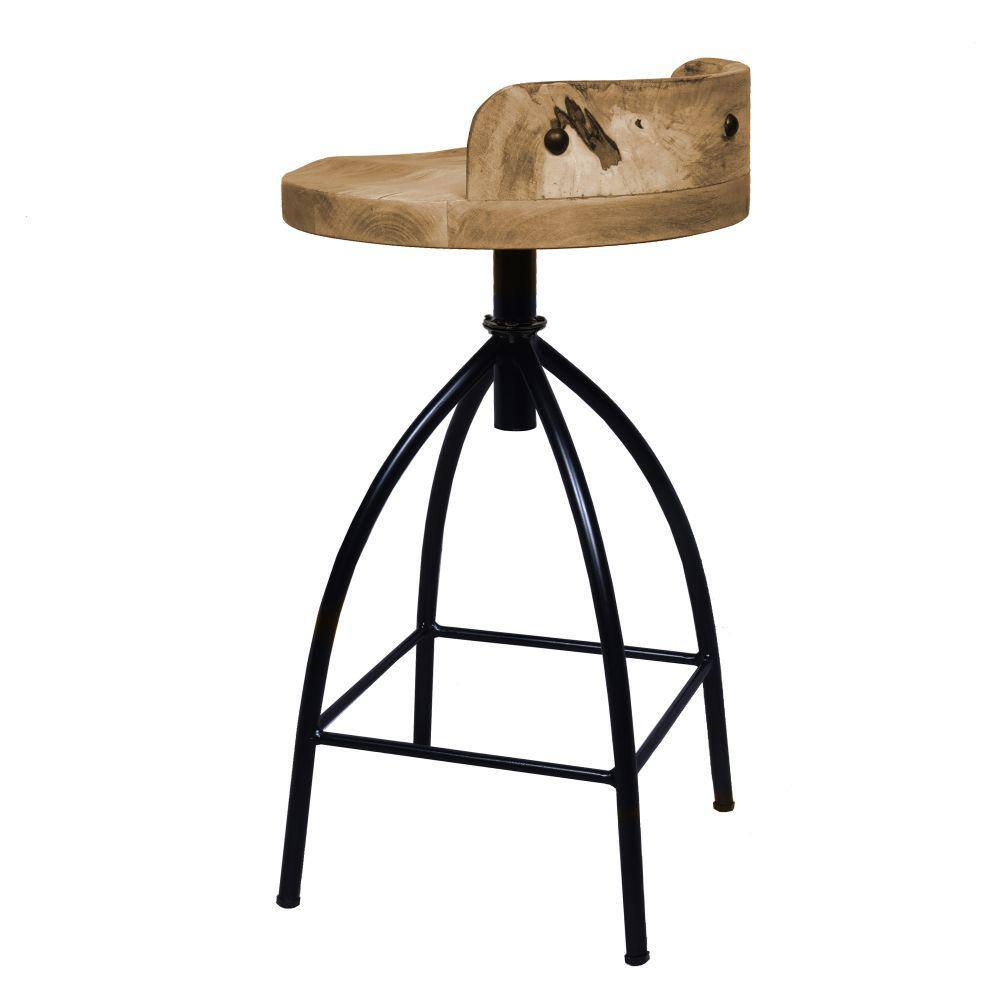 Adjustable Brown Mango Wood and Black Iron Swivel Bar Stool