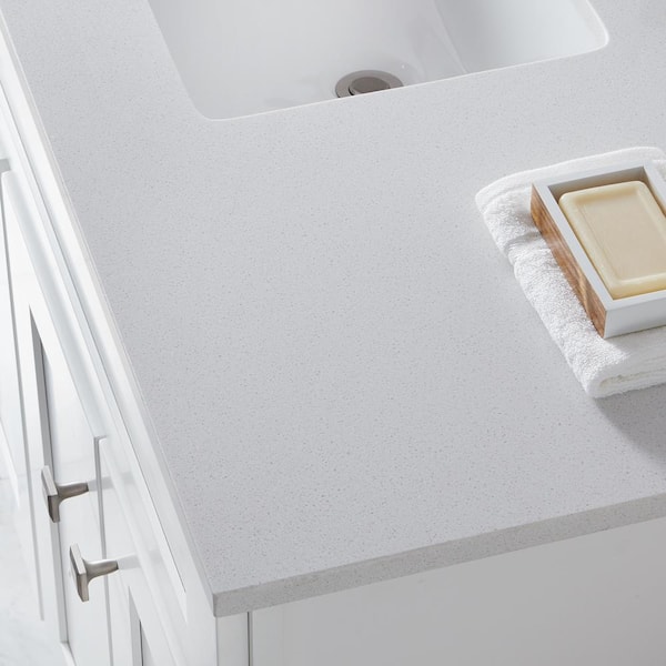 49 in. W x 22 in. D Engineered Marble Vanity Top in Snowstorm with White Single Trough Sink 49 in. W x 22 in. D Engineered Marble Vanity Top in Snowstorm with White Single Trough Sink