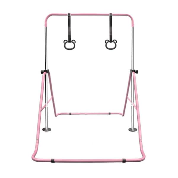 Children's Gymnastic Bar with Adjustable Height, Foldable Steel Frame, Anti-Slip Rubber Rings and Bear Rings, Pink