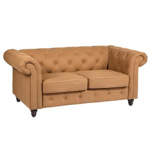 EDWINA 66.9 in. W Rolled Arm Faux Leather 2-Seater Rectangle Sofa Loveseat with Removable Cushions in Brown Color