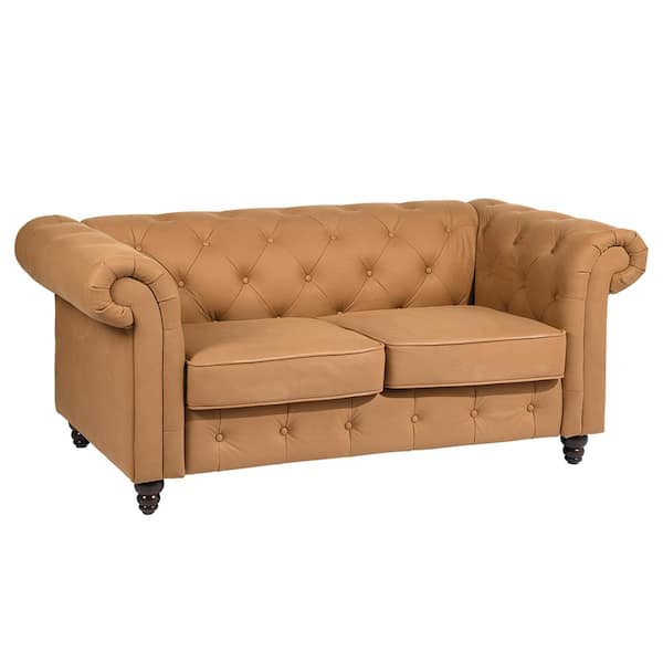 Homy Casa EDWINA 66.9 in. W Rolled Arm Faux Leather 2-Seater Rectangle Sofa Loveseat with Removable Cushions in Brown Color