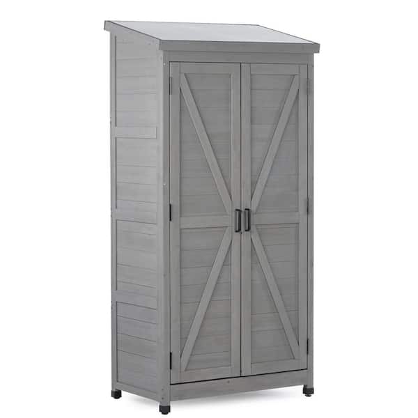 WELLFOR 33.5 in. W x 18.5 in. D x 68.5 in. H Gray Cedar Wood Outdoor Storage Cabinet, with Magnetic Door and Metal Top