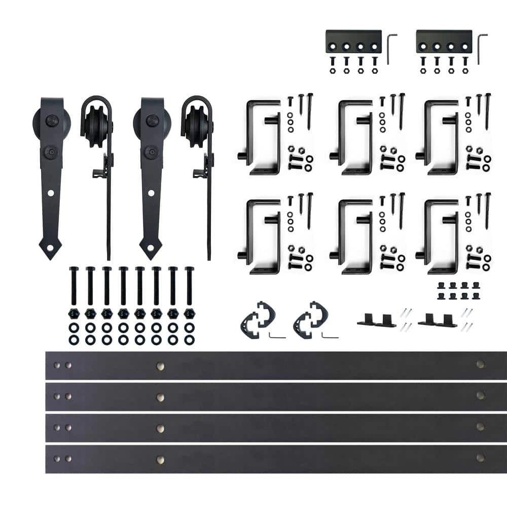 Rustic Black Double Track Bypass Sliding Barn Door Hardware Kit, 9ft