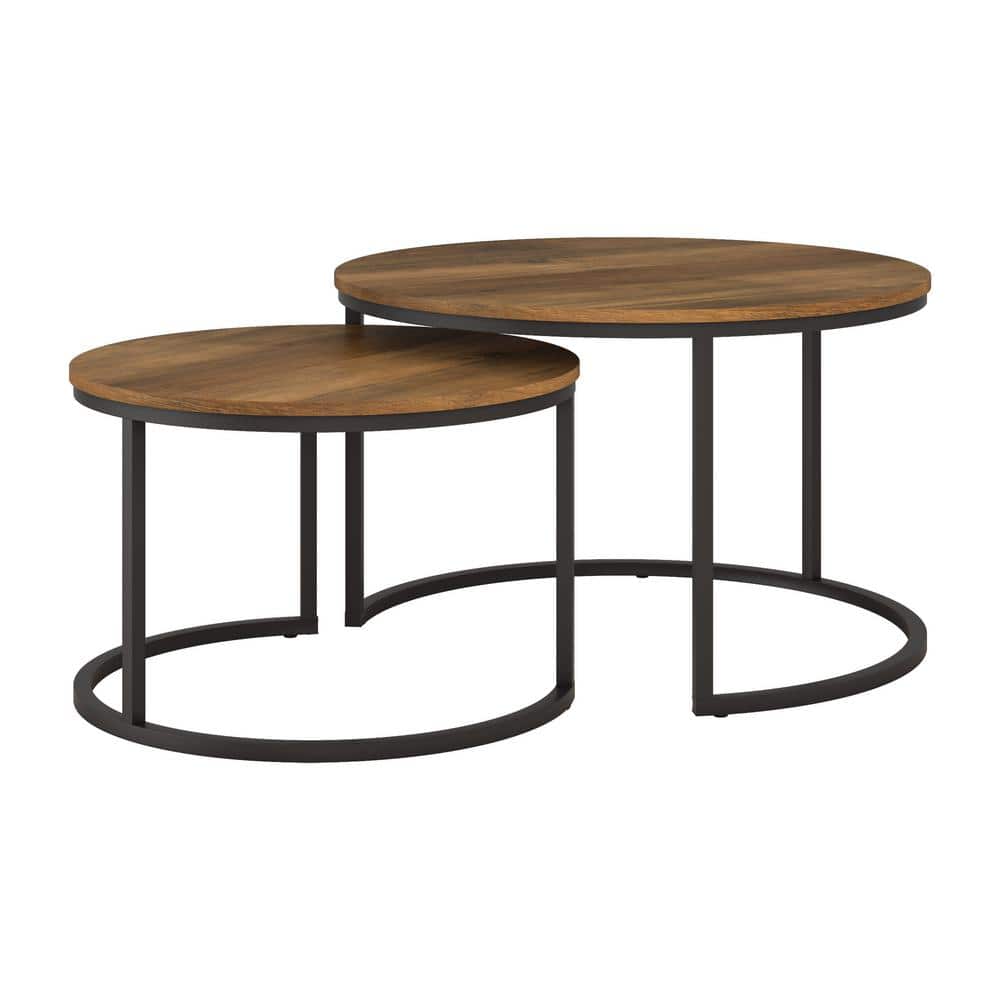 Contemporary Round Wood & Metal Nesting Coffee Tables - Black/Brown