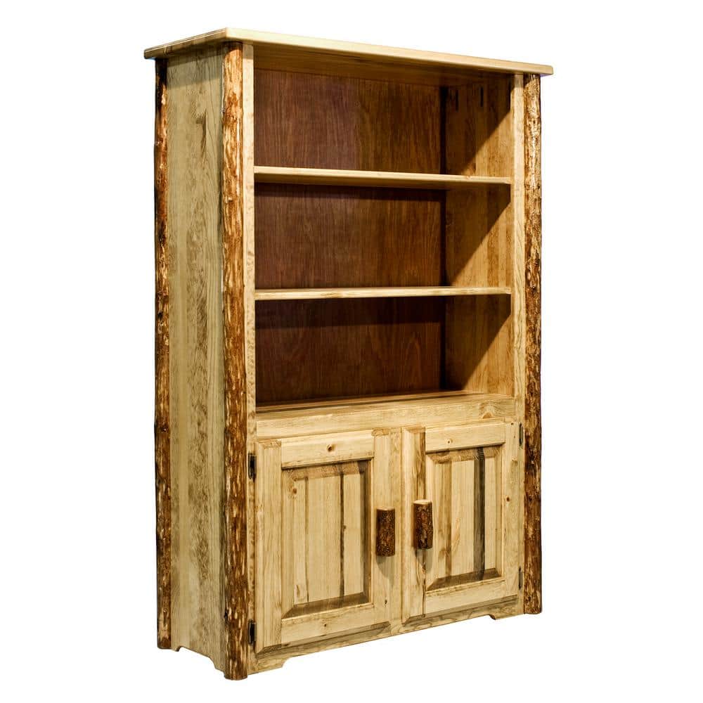 Rustic Brown Solid Pine Wood Bookcase with Doors