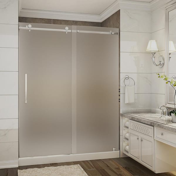 Aston Moselle 60 in. x 32 in. x 77.5 in. Completely Frameless Sliding Shower Door with Frosted in Chrome with Center Base
