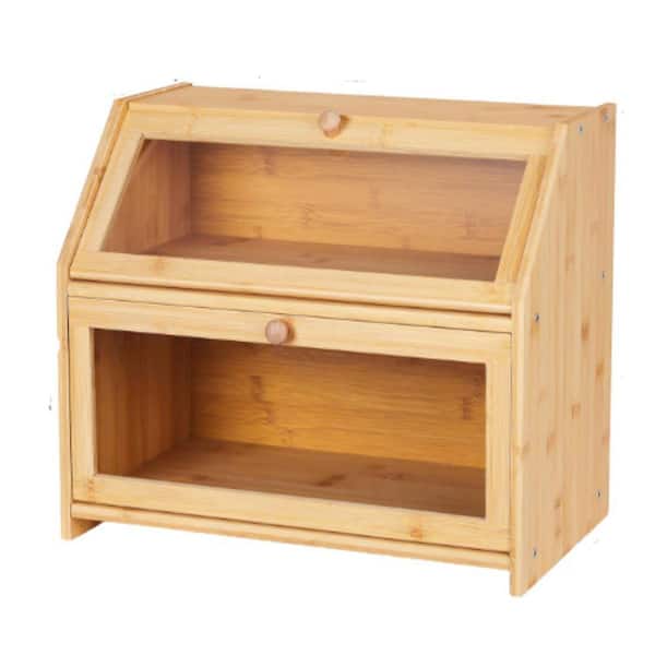 1-Piece Double Layer Bread Box w Large Capacity, Farmhouse Style Kitchen Organizer, Bamboo Wooden Food Storage Container