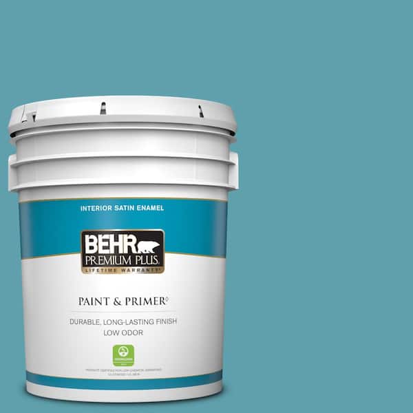 BEHR PREMIUM PLUS 5 gal. #BIC-53 Turquoise Satin Enamel Low Odor Interior Paint & Primer