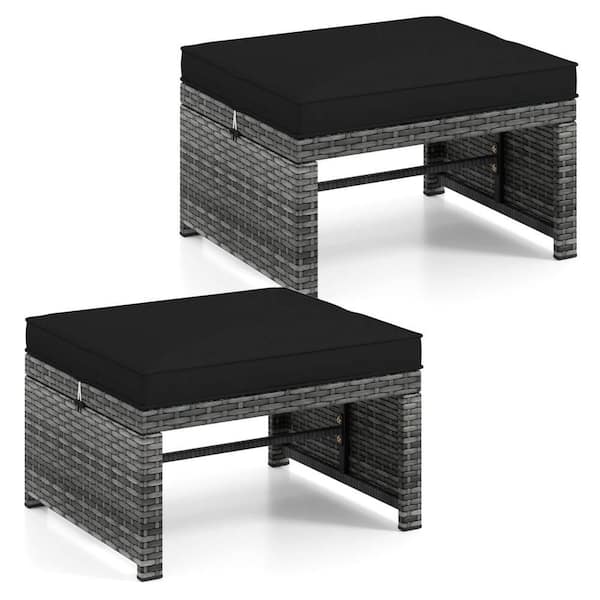 Costway Wicker Outdoor Ottoman Footstools with Removable Black Cushions & Metal Frame (2-Pack)