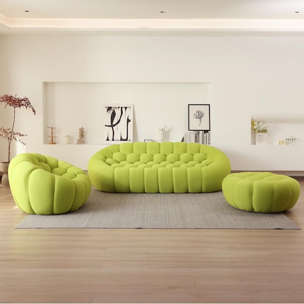 Bubble 3D Knitted Fabric 98 in. Curved Sectional Sofa Floor Couch with Chair, Ottoman in. Fluorescent Green (Set of 3)