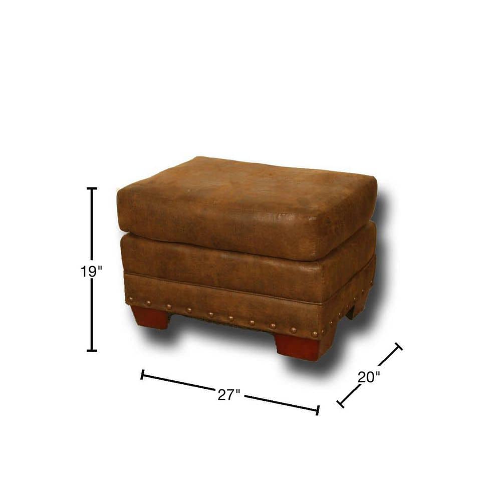 Buckskin Rustic Leather-Look Microfiber Ottoman with Antique Brass Accents