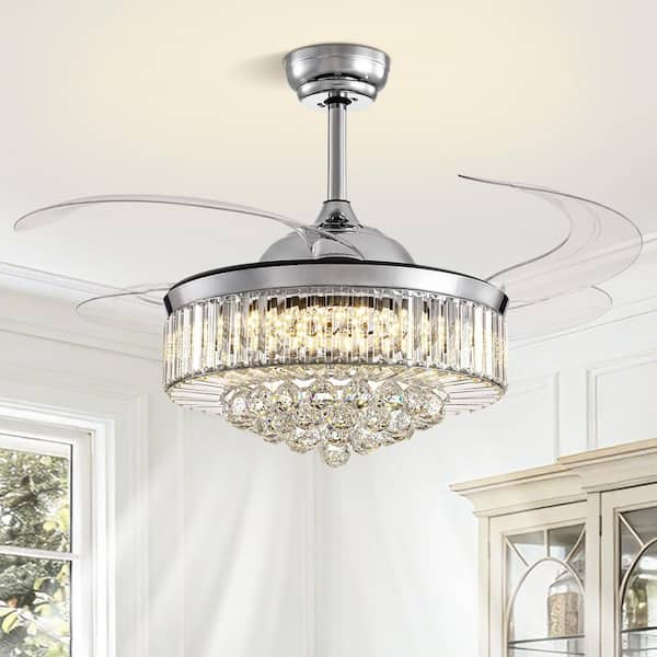 48 in. Luxury Downrod Mount Indoor Retractable Chrome Crystal Fandelier Ceiling Fan with Integrated LED and Remote/APP