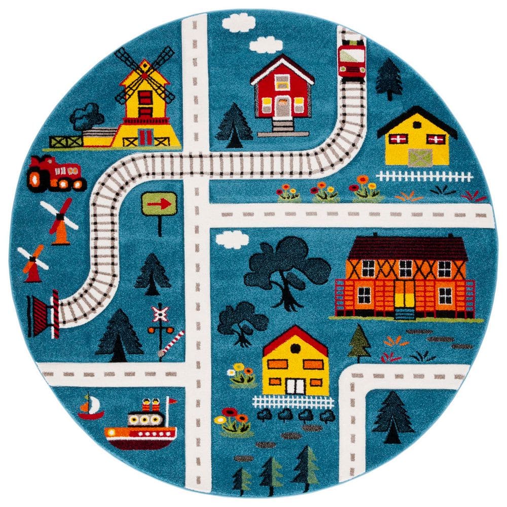 Carousel Kids 8 ft. x 8 ft. Blue/Beige Neighborhood Roads Round Area Rug price history on PriceWatchPro