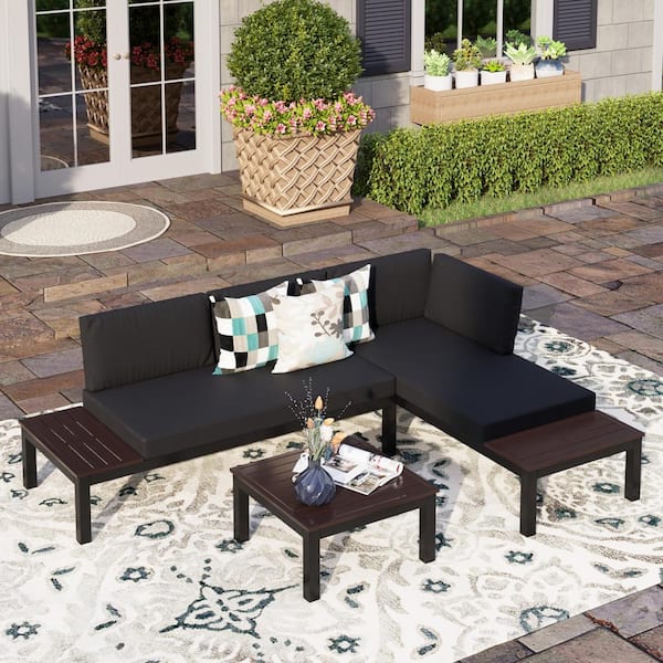 PHI VILLA Black Aluminum 3-Piece Steel Outdoor Patio Conversation Set with Black Cushions, Table with Brown Wood-Grain Top