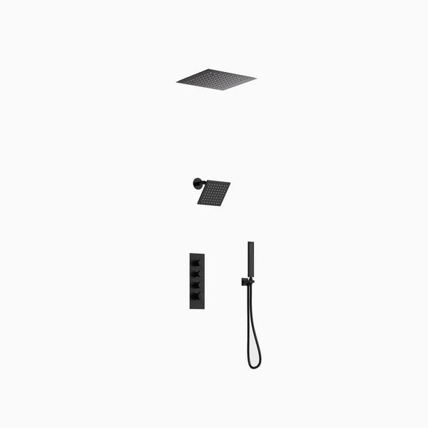 SWAINS Thermostatic 3-Spray Ceiling Mount Handheld Shower Head 2.5 GPM LED Chromotherapy Shower Faucet in Matte Black