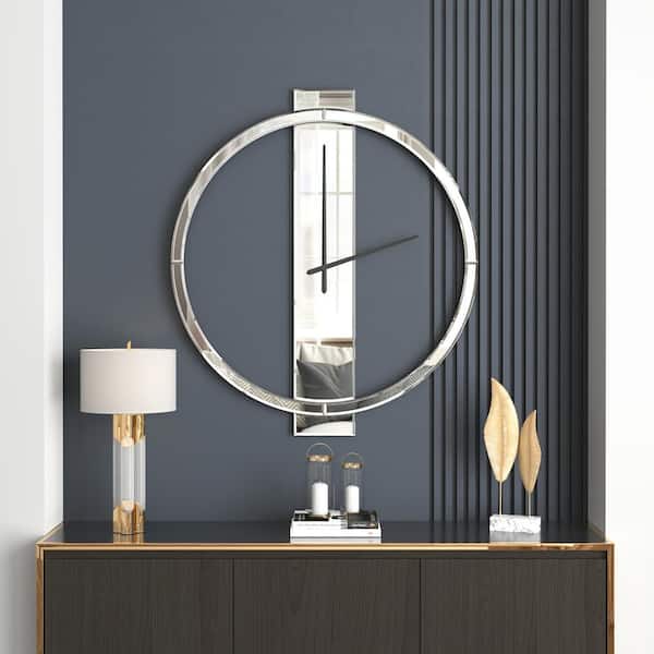 Modern Silver 23.6 in. W x 1.6 in. H Round Living Room Mirrored Wall Clock