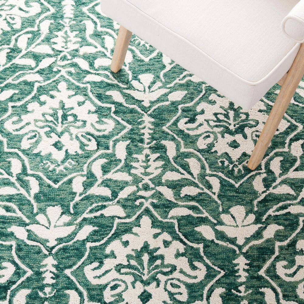 Ivory and Dark Green Wool Tufted Rectangular Area Rug