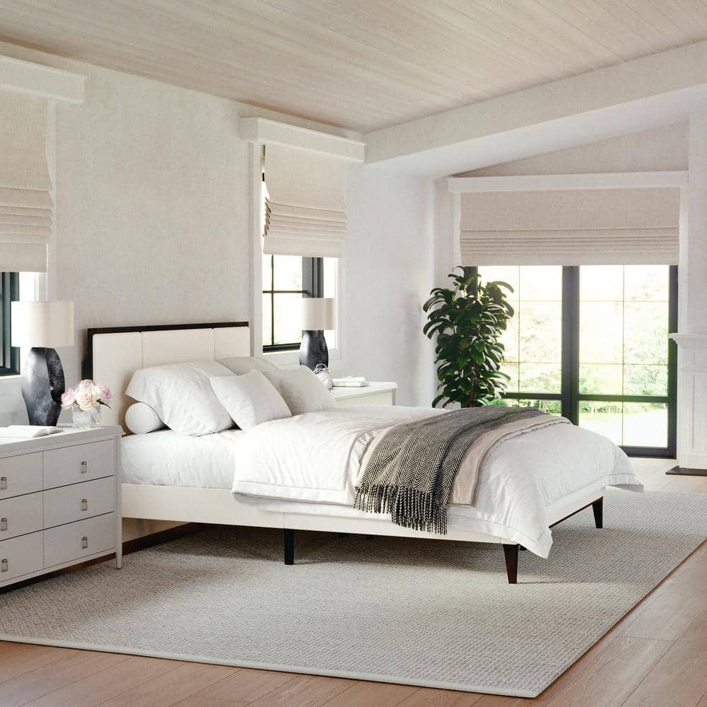 Queen Dark Brown and Beige Upholstered Wood Platform Bed