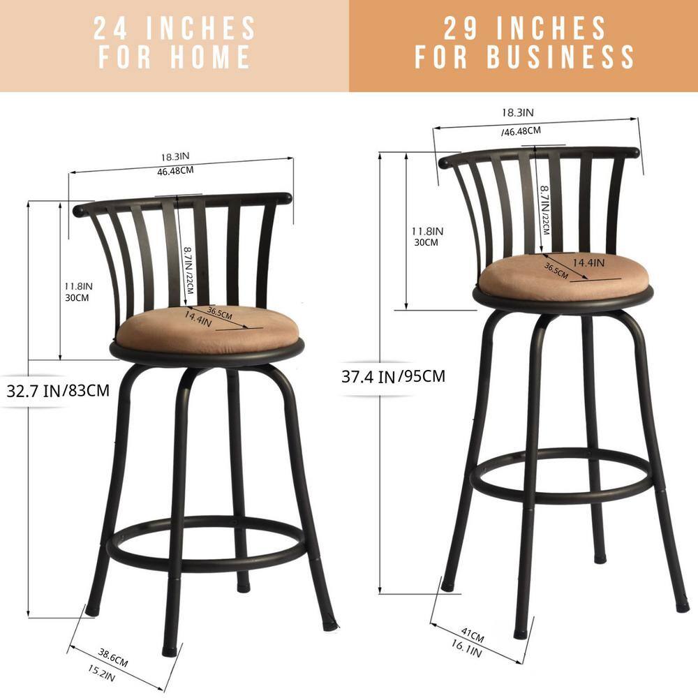 Adjustable Black Metal Swivel Barstools with Beige Suede Seats, Set of 2