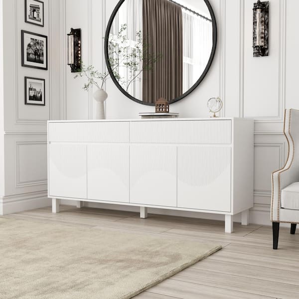 FUFU&GAGA White Wood 63 in. W Sideboard Accent Storage Cabinet Kitchen Cupboard with Adjustable Shelves and Drawers