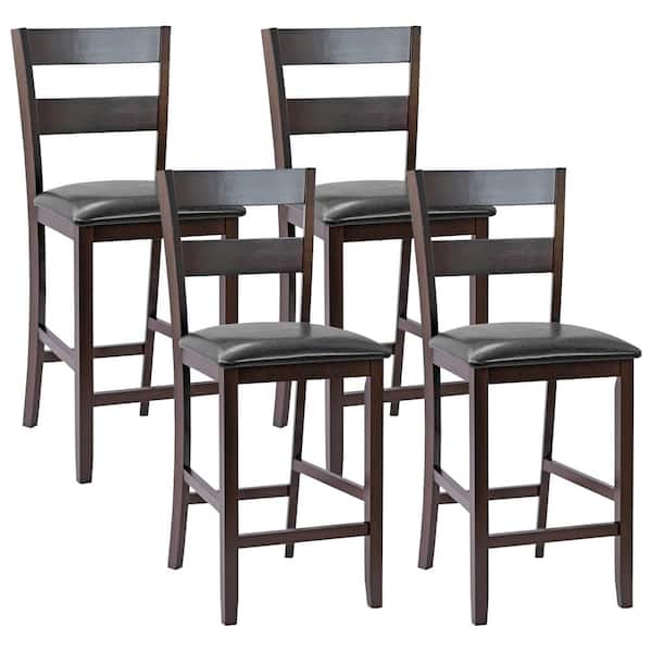 Costway 4-Pieces 39 in. Espresso Low Back Wood 25 in. Bar Stools Counter Height Chairs with PU Leather Seat