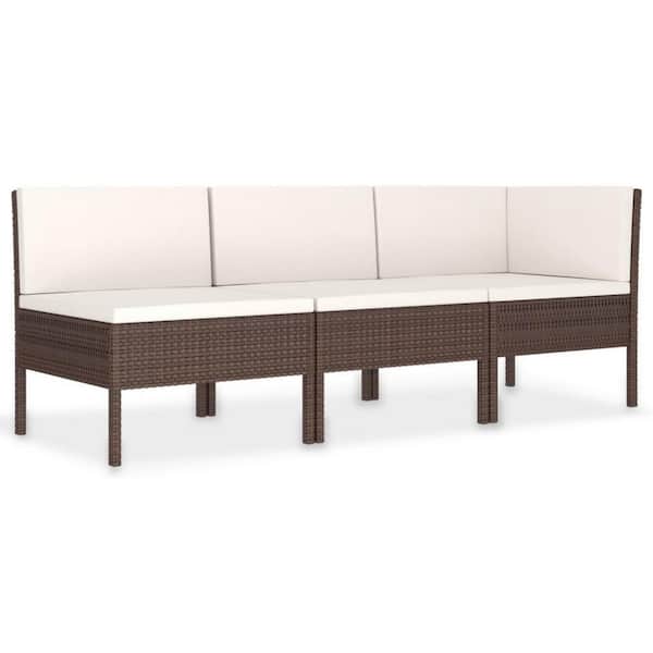 Benjara Brown 3-Piece Wicker Rattan Outdoor Modular Sofa Sectional Set with Cream White Cushion
