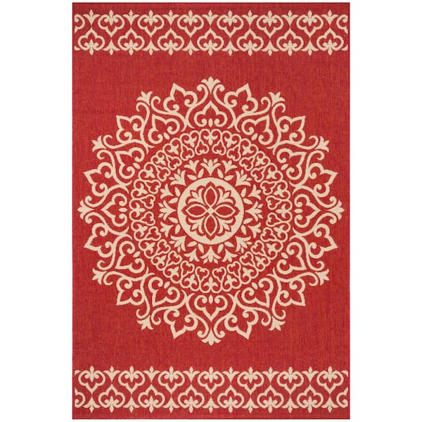 SAFAVIEH Beach House Red/Creme Doormat 2 ft. x 4 ft. Medallion Floral Indoor/Outdoor Area Rug