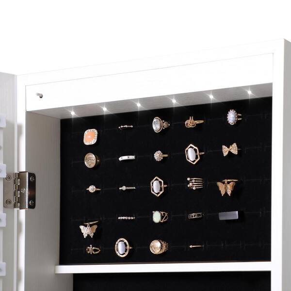 Jewelry Organizer Cabinet, Hanging Jewelry Armoire Organizer with Mirror&LED Lights, Rustic Wall-Mounted Jewelry Storage Organizer, Lockable Mirrored