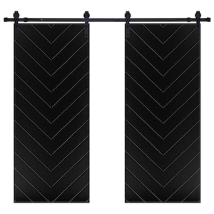 Modern Vshape Designed 48 in. x 80 in. MDF Panel Black Painted Double Sliding Barn Door with Hardware Kit