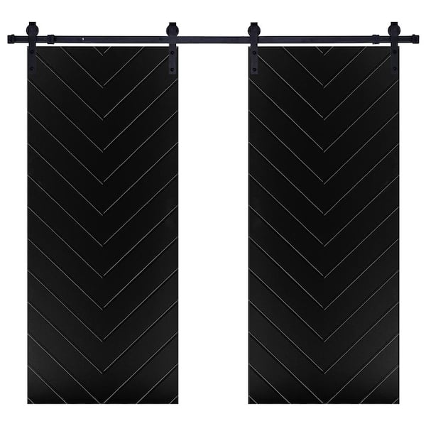 Unbranded Modern Vshape Designed 48 in. x 80 in. MDF Panel Black Painted Double Sliding Barn Door with Hardware Kit