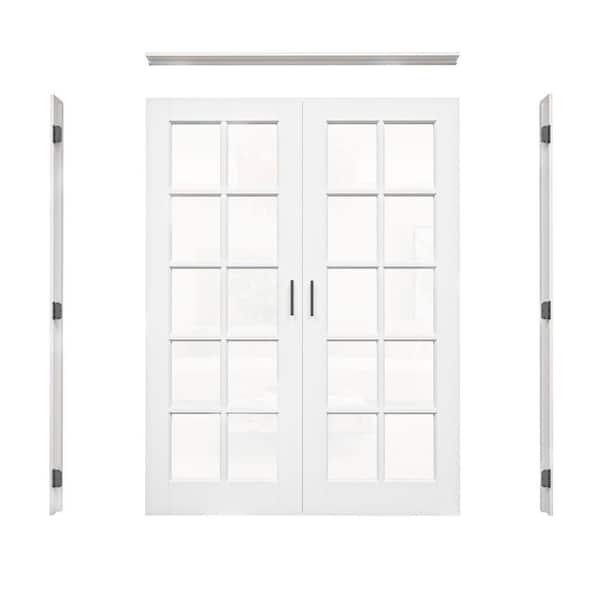 60 in. x 80 in. 10-Lite Clear Glass Universal-Handed Solid Core Glass Double Prehung French Door+ Frame Set, Ball Catch