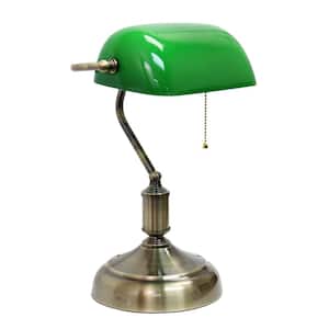 14.75 in. Executive Banker's Green Glass Shade Desk Lamp with Antique Nickel Base