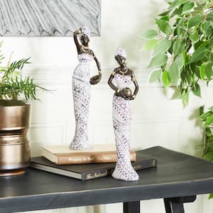 Multi Colored Polystone Standing African Woman Sculpture with Intricate Details (Set of 2)